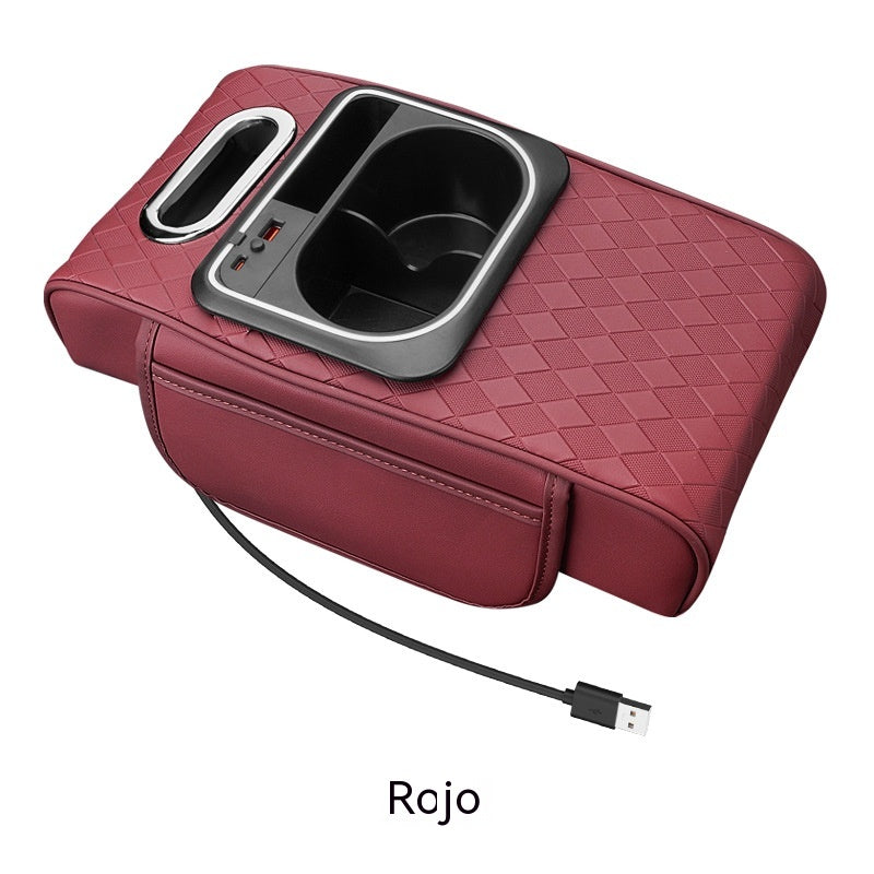Almohadilla multifuncional para reposabrazos de coche con luz ambiental LED.
