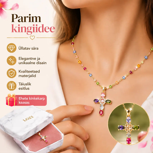 👍🥰 Ajutiselt 50% soodsam! Värviliste tsirkooniumoksiididega inkrusteeritud ristist kaelakee, kaasas ilus ehtekarp.
