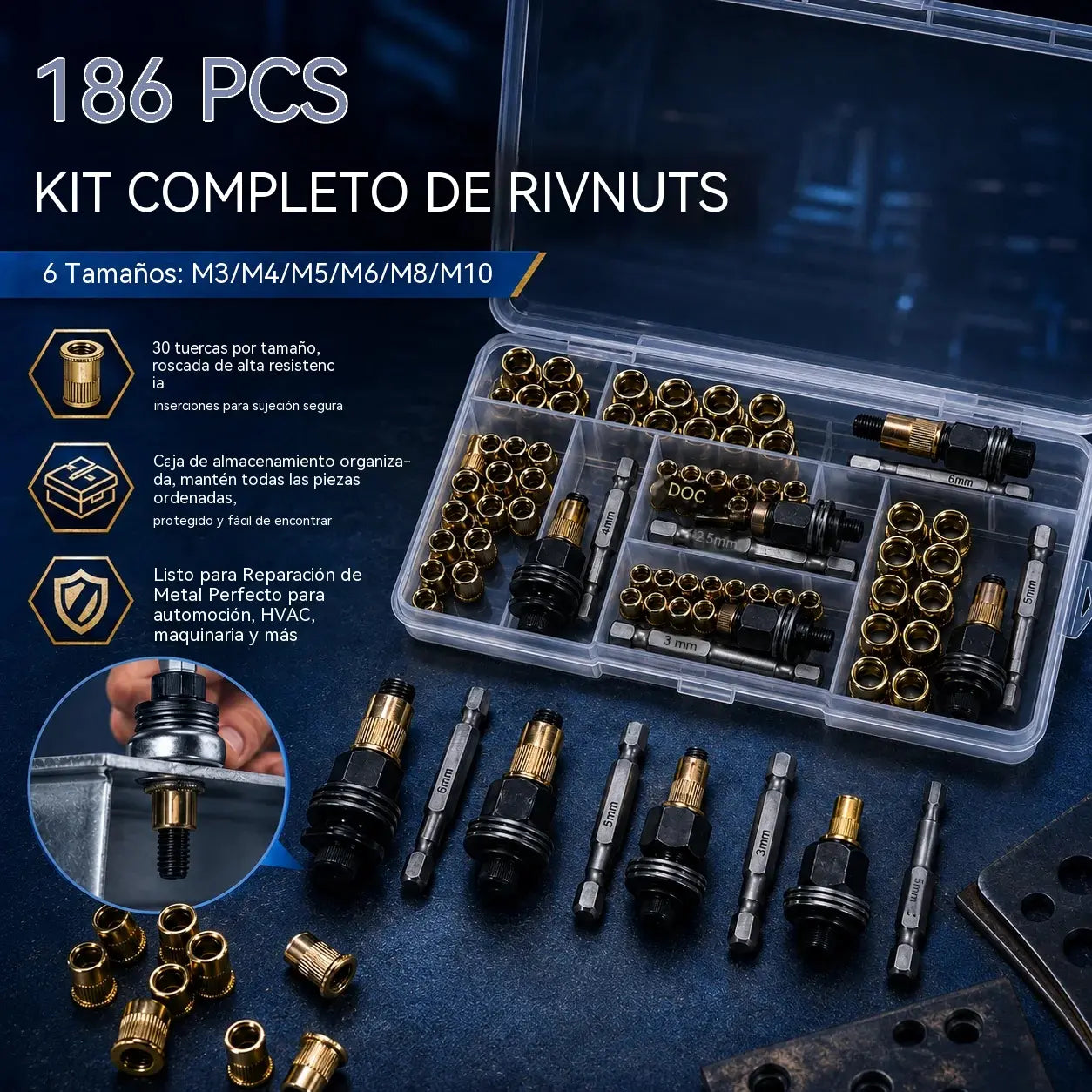 🔥 Más vendido | Juego de tuercas remachables de acero al carbono (incluye tamaños M3–M8)