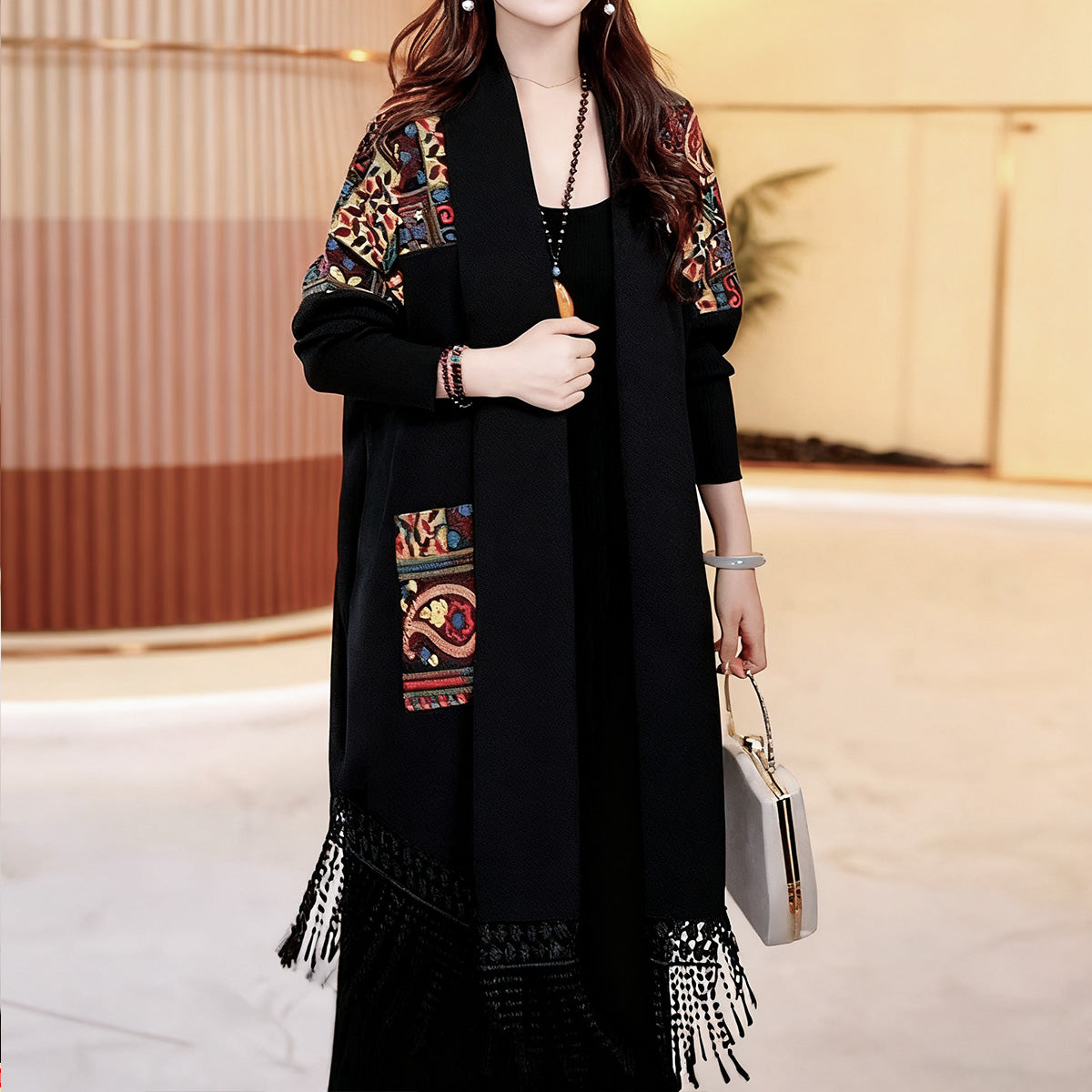 💙✨【XL-4XL】🧣Abrigo largo con flecos estampados para mujer