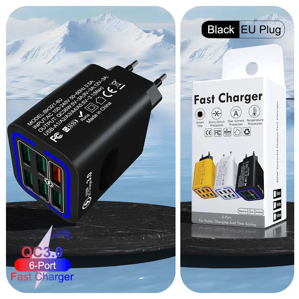 ⚡📱 Cargador USB de 6 puertos con QC3.0 – Carga hasta 6 dispositivos a la vez con alta potencia 💪