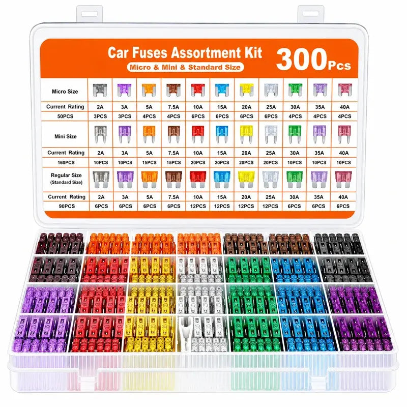 🔌 Juego de 300 fusibles de cuchilla para automóviles | Varios tamaños de fusibles, con clips portafusibles, apto para varios modelos de automóviles.🚗