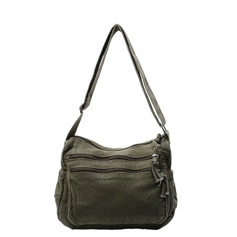 👜✨Prostorná crossbody kabelka z plátna s patinou: vyznačuje se uspořádáním s více přihrádkami na zip a širokým nastavitelným ramenním popruhem.