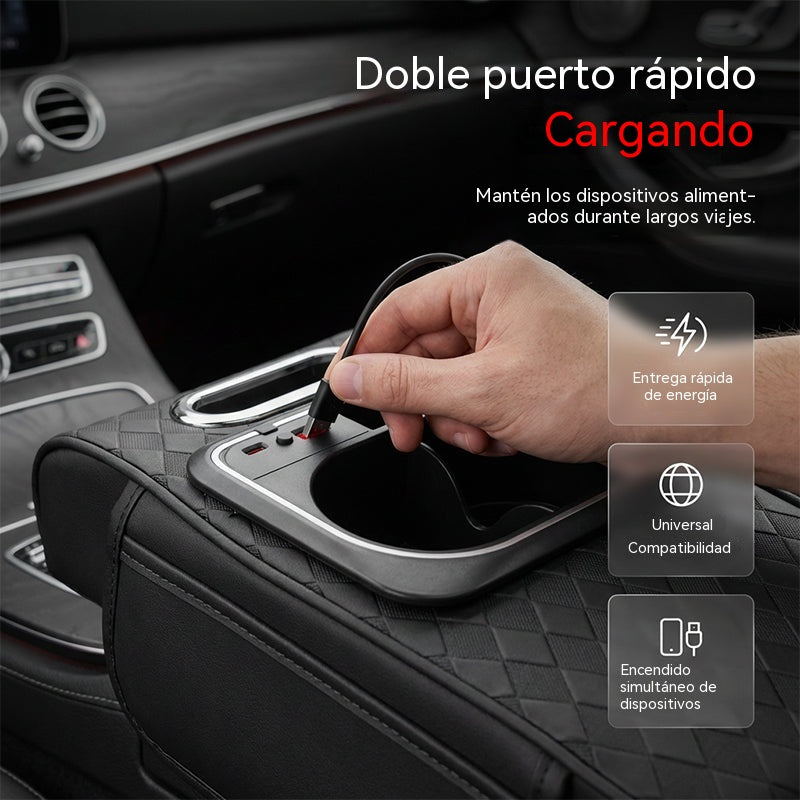 Almohadilla multifuncional para reposabrazos de coche con luz ambiental LED.
