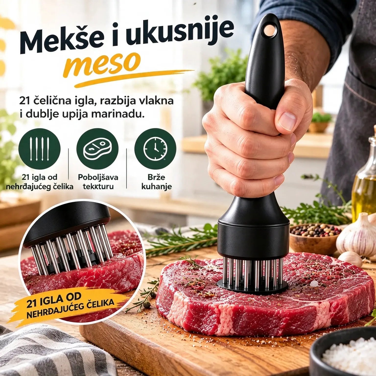 Omekšivač od nehrđajućeg čelika s 21 iglom, pogodan za odreske, roštiljanje i kuhanje.