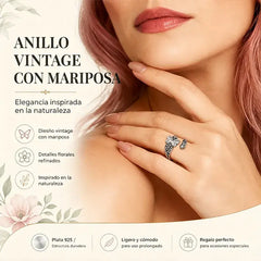 🦋 Anillo Ajustable de Mariposa y Flores Vintage ✨ Anillo Abierto Retro Bohemio, Joyería Moda para Mujer