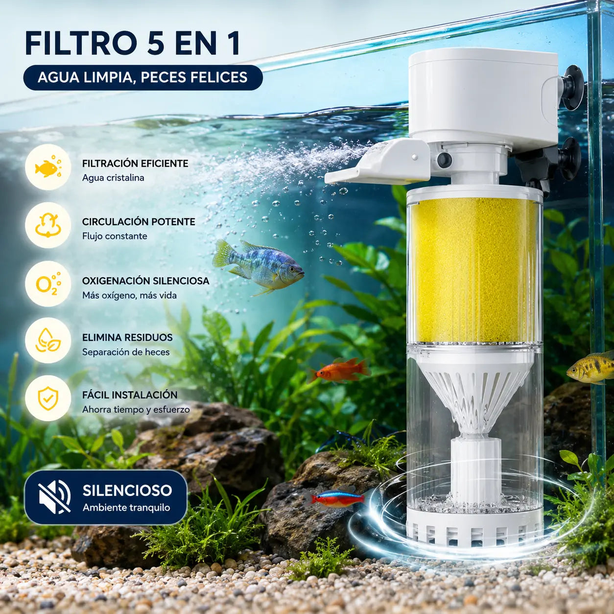 🐟Sistema de circulación de agua de acuario con filtro 3 en 1, funcionamiento silencioso.