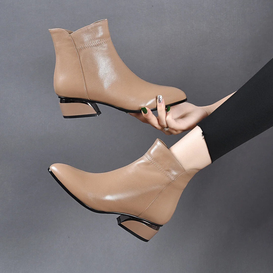 🔥【30% de descuento último día】Botas de cuero con cremallera lateral y tacón medio de nuevo estilo 2025