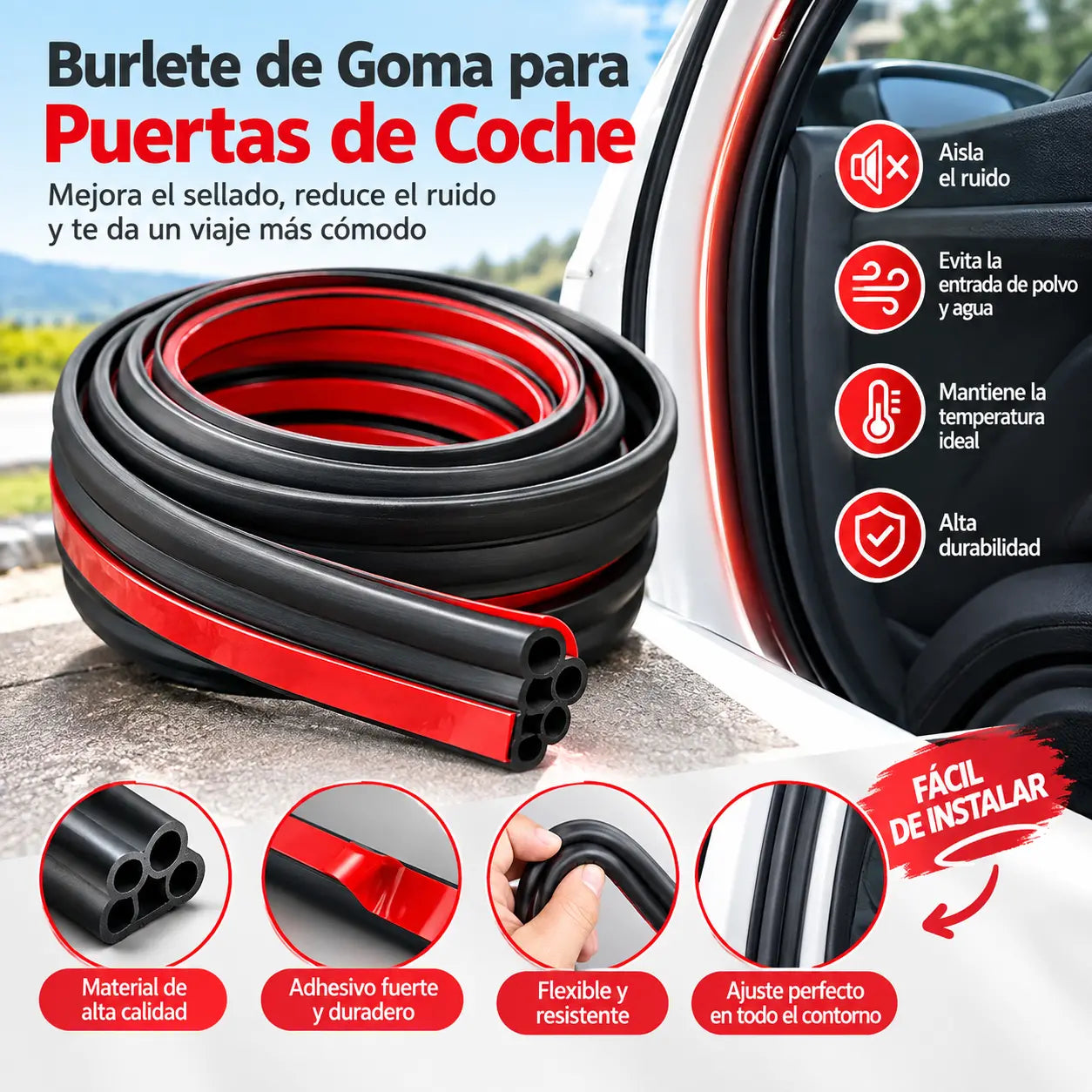 🚗🔇 Tira de Sellado Automotriz de 5 Orificios | Aislamiento Acústico, Antipolvo e Impermeable | Con Adhesivo para Puertas, Capó y Maletero ✨