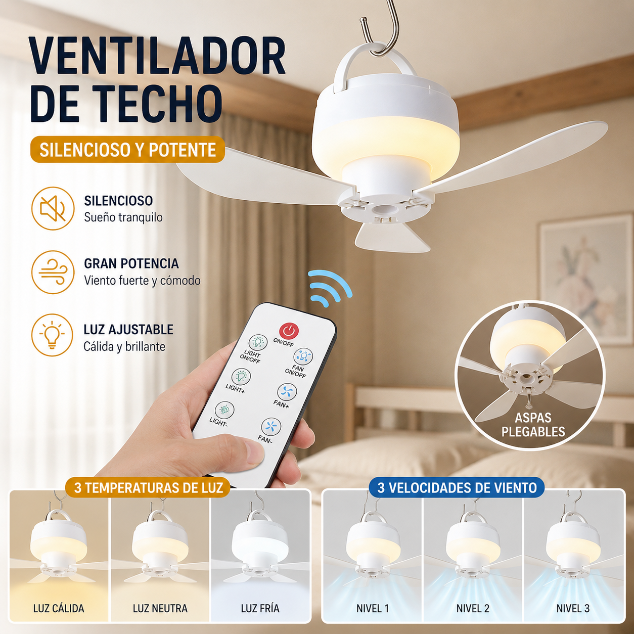 ⏰ Oferta por tiempo limitado: ¡Ventilador de techo recargable con luz LED! 🌬️✨ Incluye un cable de alimentación de 1,5 metros.