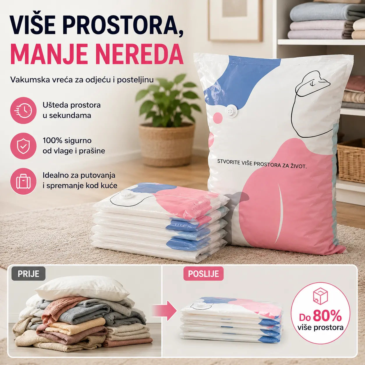 🧳【Set od 5 dijelova】💨 Velika, stlačiva vakuumska vrećica za pohranu: nije potrebna pumpa, nepropusna je i idealna za uštedu prostora u koferima i kod kuće ✈️