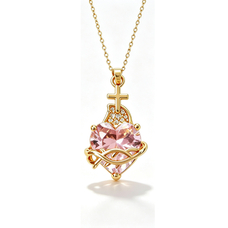 ❤️【Compra 1 y llévate 1 gratis】✝️ 【2 piezas】Collar del Sagrado Corazón de Jesús – Colgante de Cruz con Cristal en Forma de Corazón Bañado en Oro, Luz de Cristo, Joya Religiosa de Fe para Mujer 🎁✨