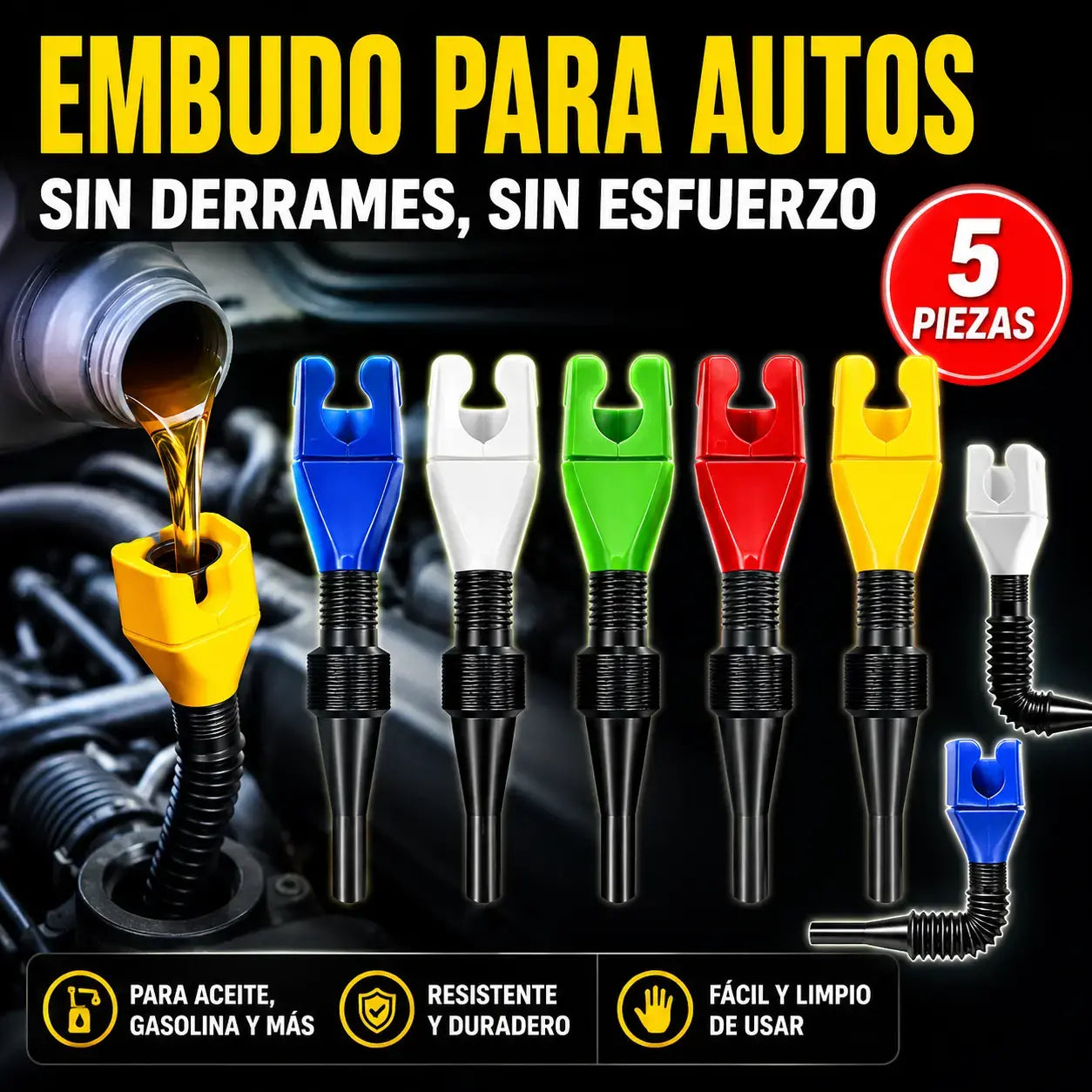 【5 piezas 27€】🚗Herramienta para repostar y verter combustible en el coche, embudo manos libres🔥