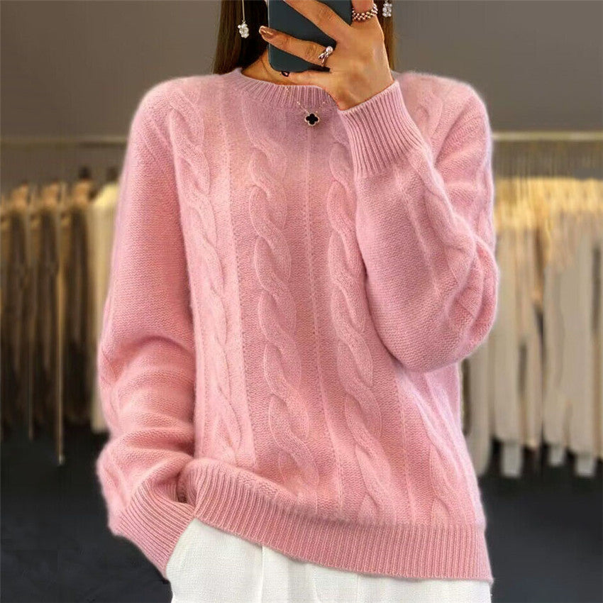 2025 nuevo suéter de punto trenzado retro de color sólido con cuello redondo