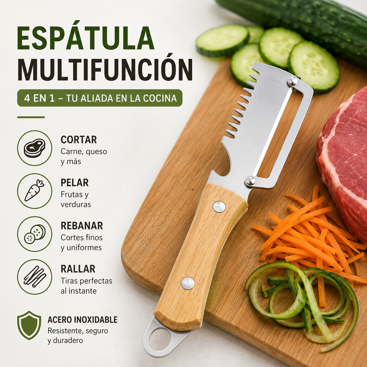 ✅Compra 1, llévate 1 gratis (dos artículos)🧅🔪 Pelador de cocina multifuncional 3 en 1: ¡Pela, pica verduras, corta carne y abre botellas! 🔥