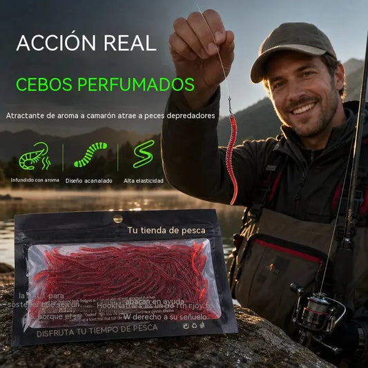 2 cajas, 100 hebras - 26euro⏰ Señuelos blandos de pesca tipo lombriz (imitación) con aroma a camarón; cebos artificiales para agua dulce y salada (paquete de 50 o 100 unidades)