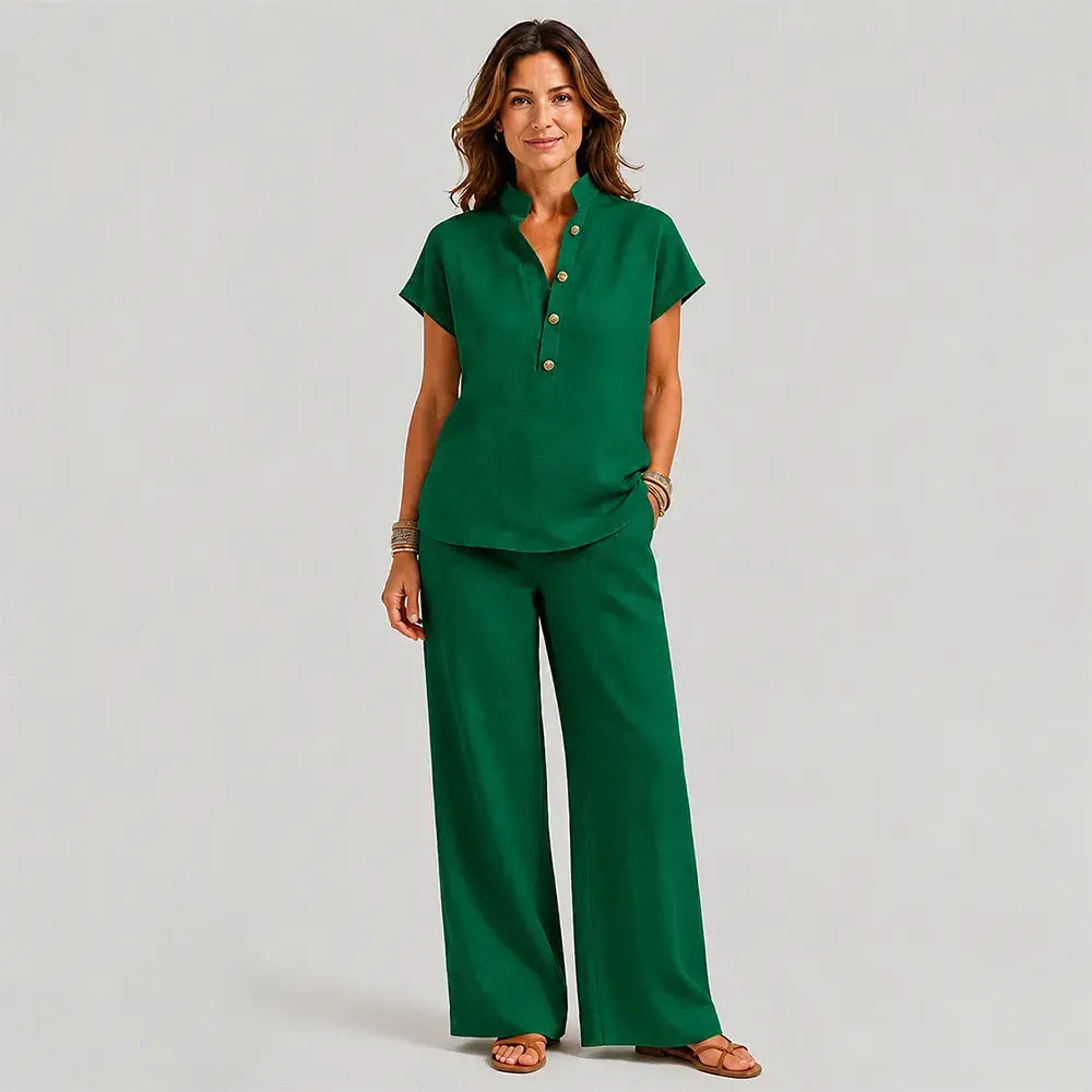 🔥【S-3XL】✨Conjunto de mujer de lino y algodón – blusa de manga corta y pantalón de pierna ancha, estilo casual y elegante de verano