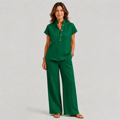 🔥【S-3XL】✨Conjunto de mujer de lino y algodón – blusa de manga corta y pantalón de pierna ancha, estilo casual y elegante de verano