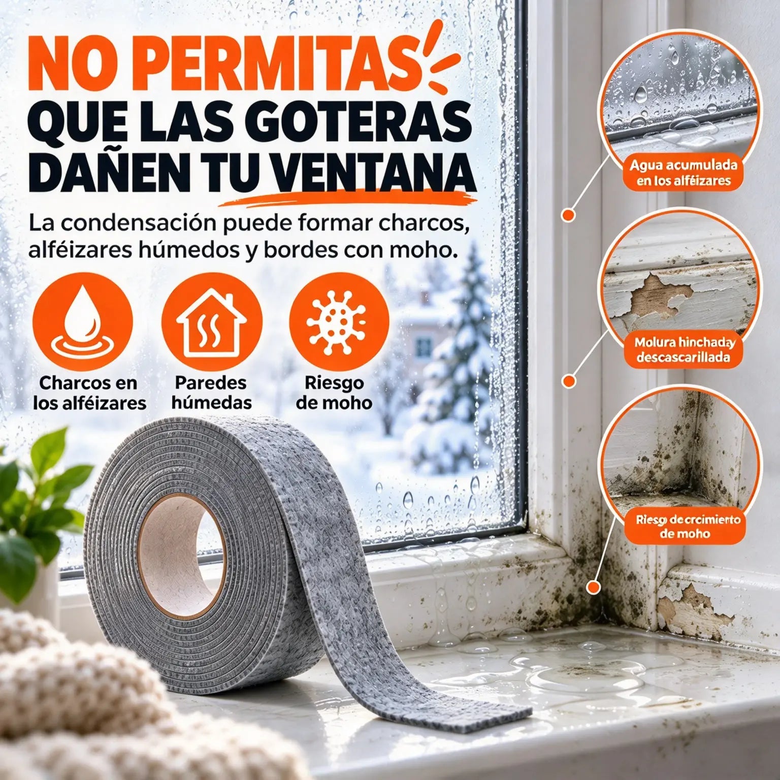 💧【¡Compra uno, consigue uno gratis!】❄️ Cinta Absorbente de Condensación para Ventanas | Fieltro Autoadhesivo Antihumedad y Antigoteo | Tira para Alféizar y Marco 🌬️
