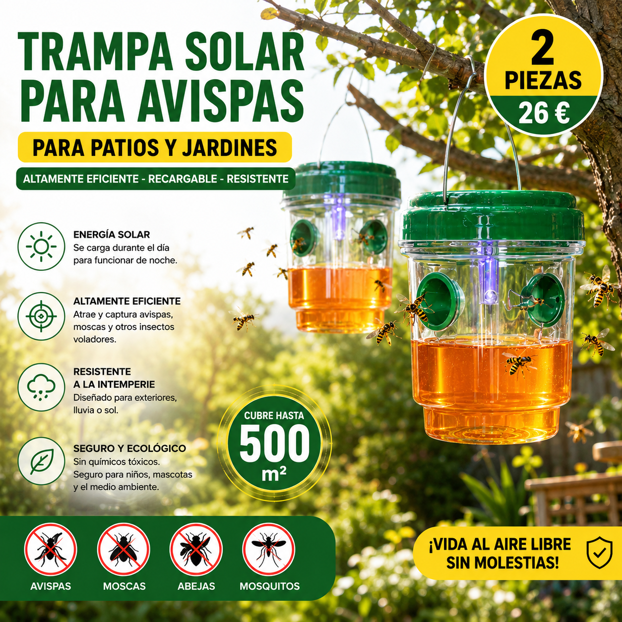 【2 piezas 26 €】🐝☀️ Trampa solar para avispas para patios y jardines 🔋🌿 – Altamente eficiente, recargable, resistente a la intemperie, cubre hasta 500 metros cuadrados.