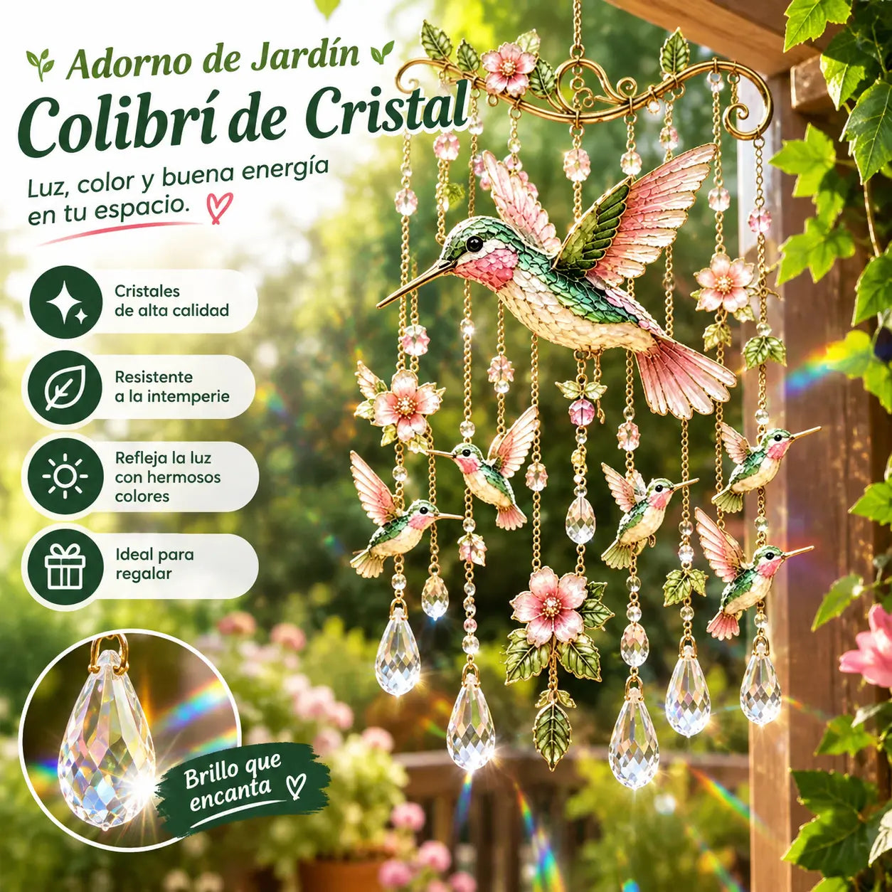 🐦🎐Campanilla de viento de cristal con colibrí y diseño pintado de estilo retro.