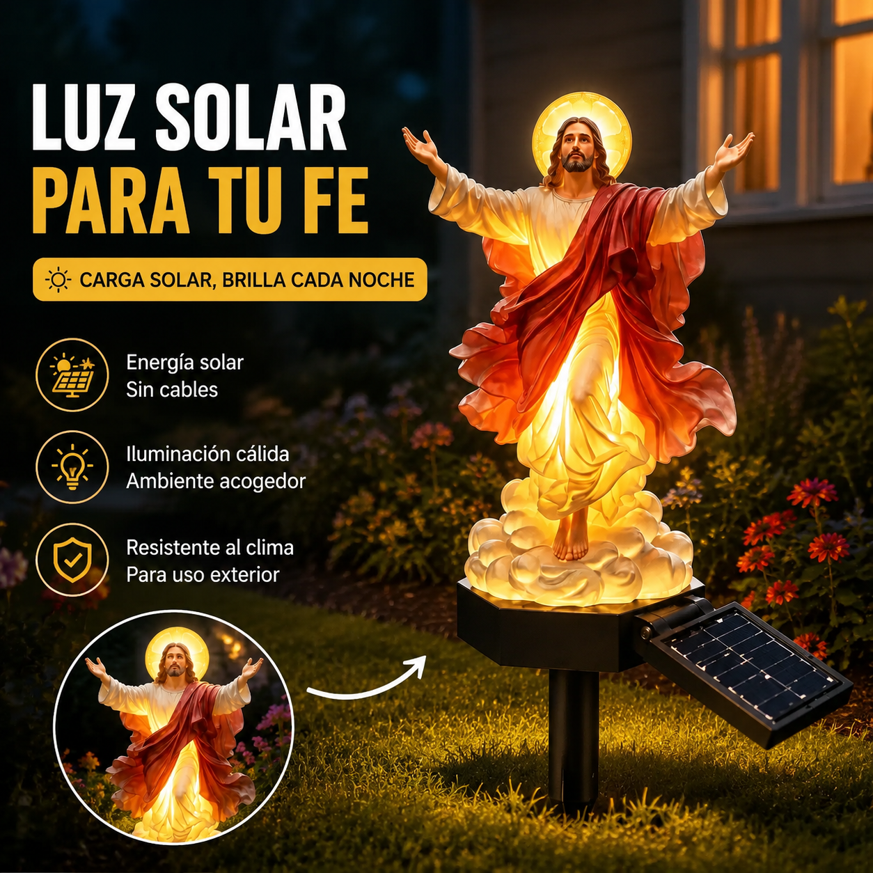 🔥 Estatua de jardín de Jesús iluminada con energía solar