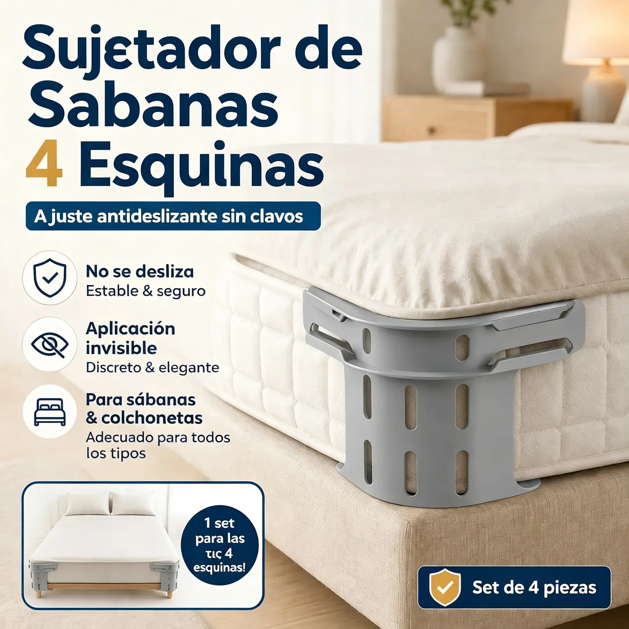Juego de cuatro🛏️ Clips ocultos en las cuatro esquinas para sábanas: evitan que las sábanas se muevan o se deslicen, manteniéndolas planas y seguras.