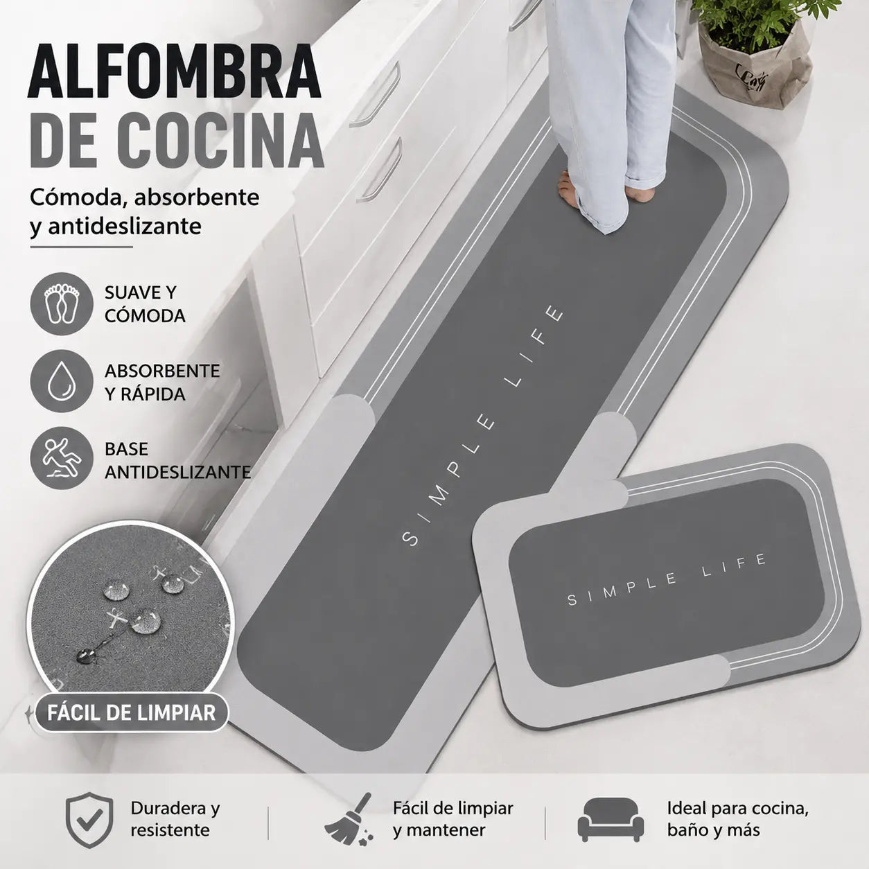 【1 juego de 2 piezas：40*60cm+40*120cm】💥Alfombra antideslizante y absorbente🦶