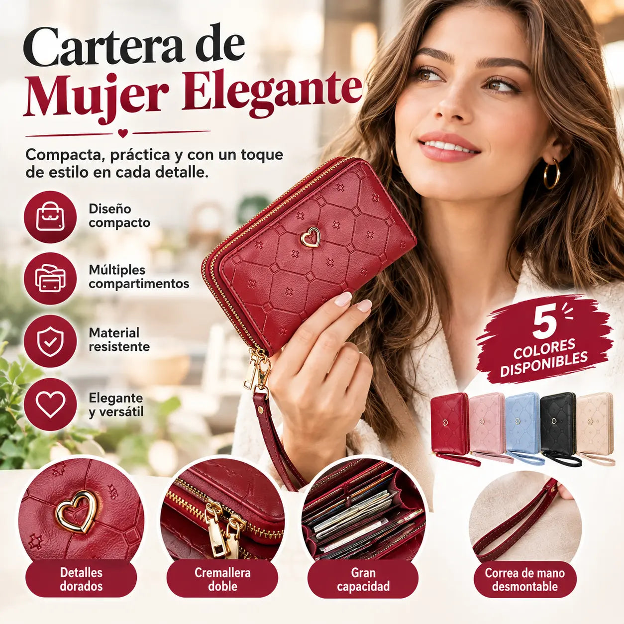 👛 Nueva billetera de gran capacidad con doble cremallera y diseño patchwork 2026