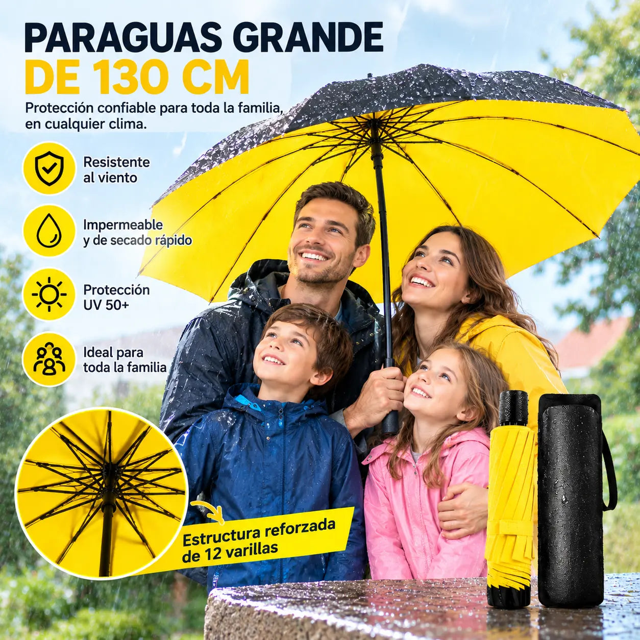 ☔ Paraguas Plegable de 12 Varillas – Resistente al Viento, Impermeable y Ligero para Lluvia y Sol 🌞