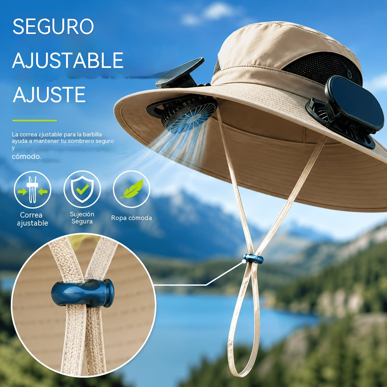 👒Sombrero para el sol con energía solar, doble ventilador, ala ancha transpirable y diseño unisex.