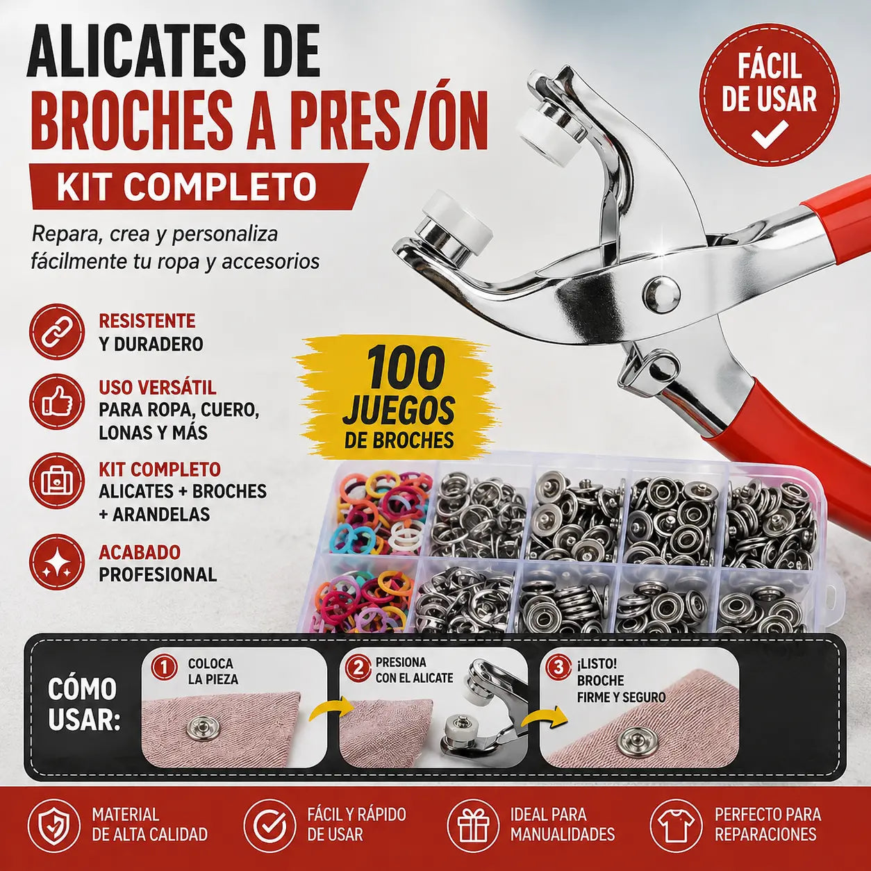 🔥 Kit de 100 Botones Metálicos + Alicate Manual Sin Costura 🧵🔧Juego de herramientas de acero inoxidable con botón a presión