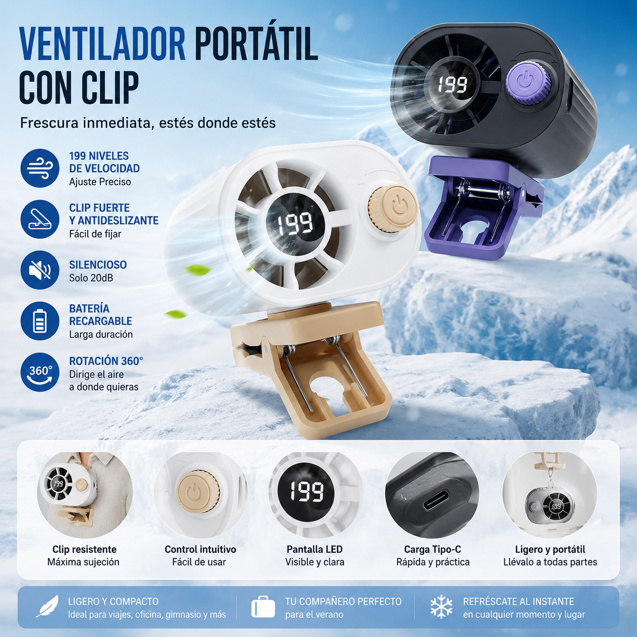 🌀 Ventilador manos libres con pantalla LED, clip integrado y múltiples velocidades de viento ajustables; potente flujo de aire.