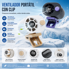 🌀 Ventilador manos libres con pantalla LED, clip integrado y múltiples velocidades de viento ajustables; potente flujo de aire.