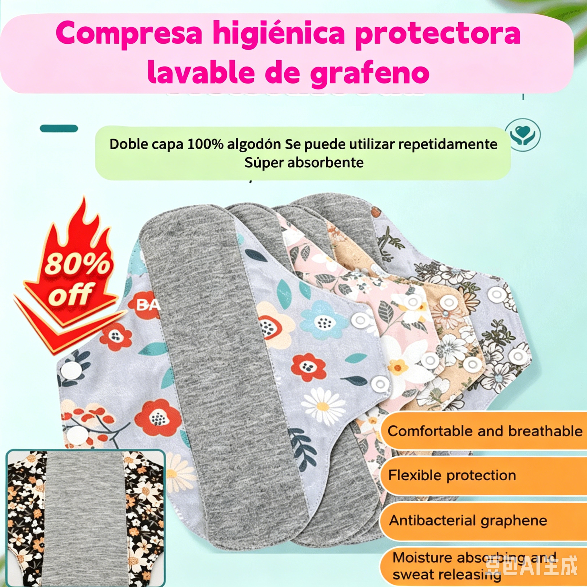 【5 piezas】Almohadilla antibacteriana de algodón y grafeno lavable