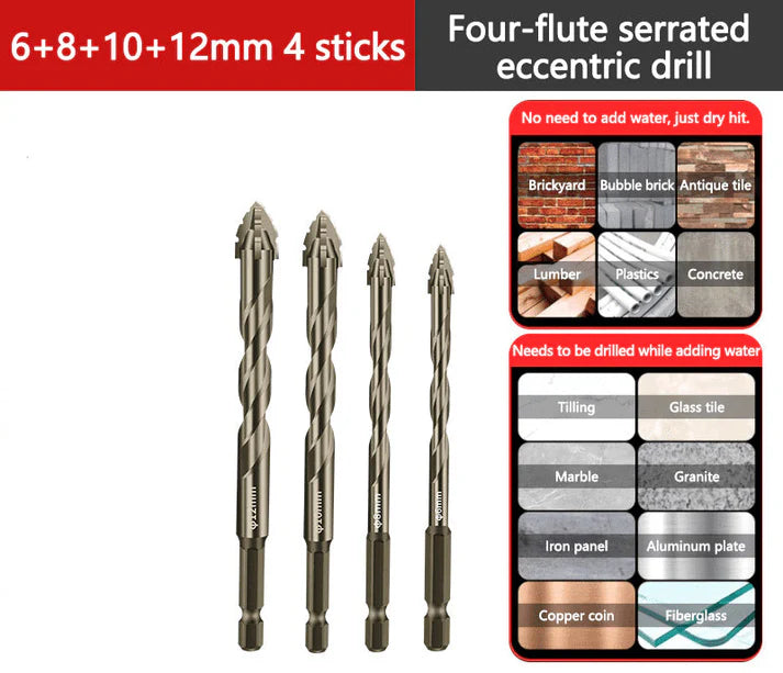 【6+8+10+12mm】1 set Nagy szilárdságú 4 hornyos excenter fúrókészlet