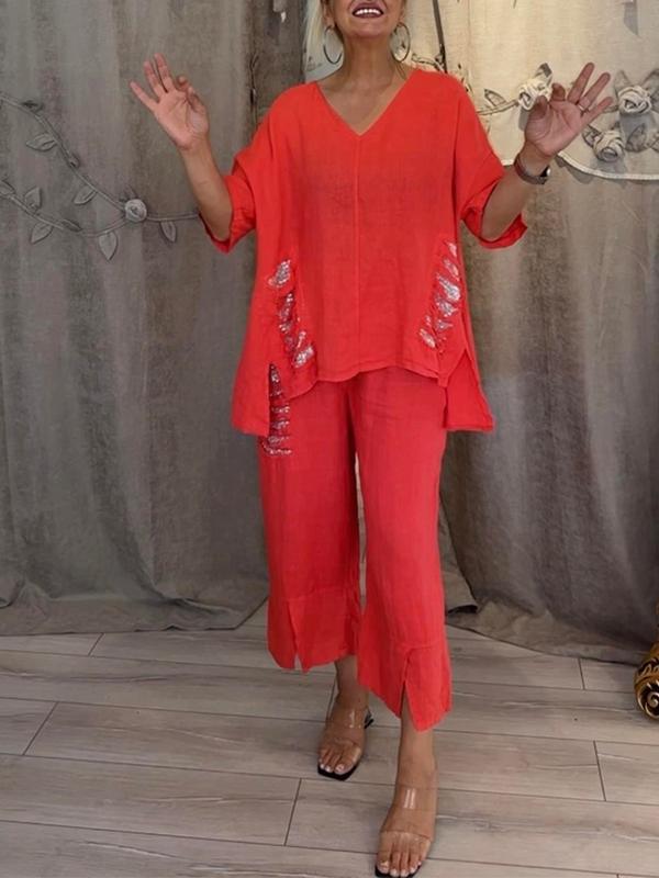 【Pantalones + Top】2025 Traje de dos piezas de lino y algodón con cuello en V para mujer