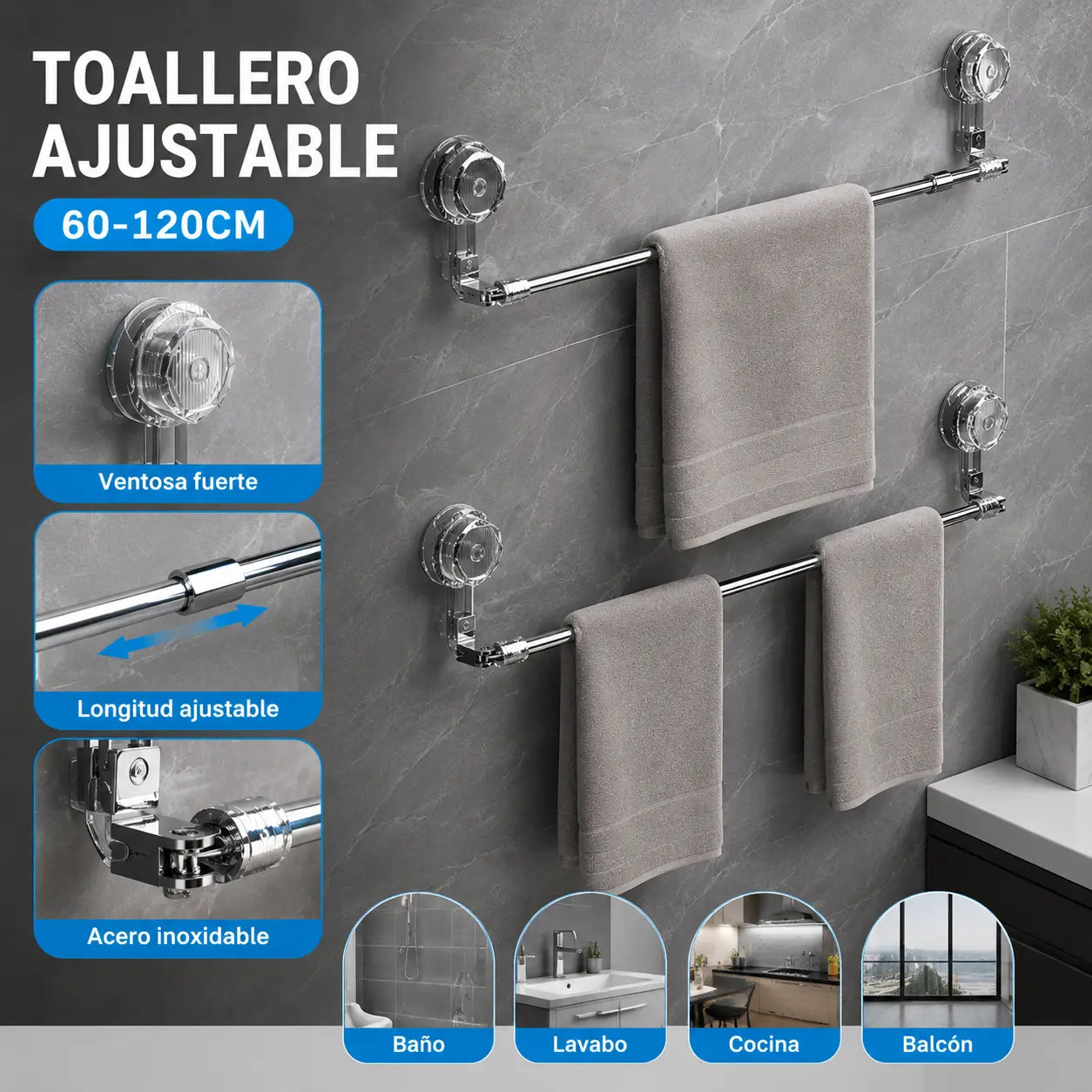🚿✨ Barra de toalla con ventosa ajustable: no requiere perforar, no daña y tiene un agarre cómodo.