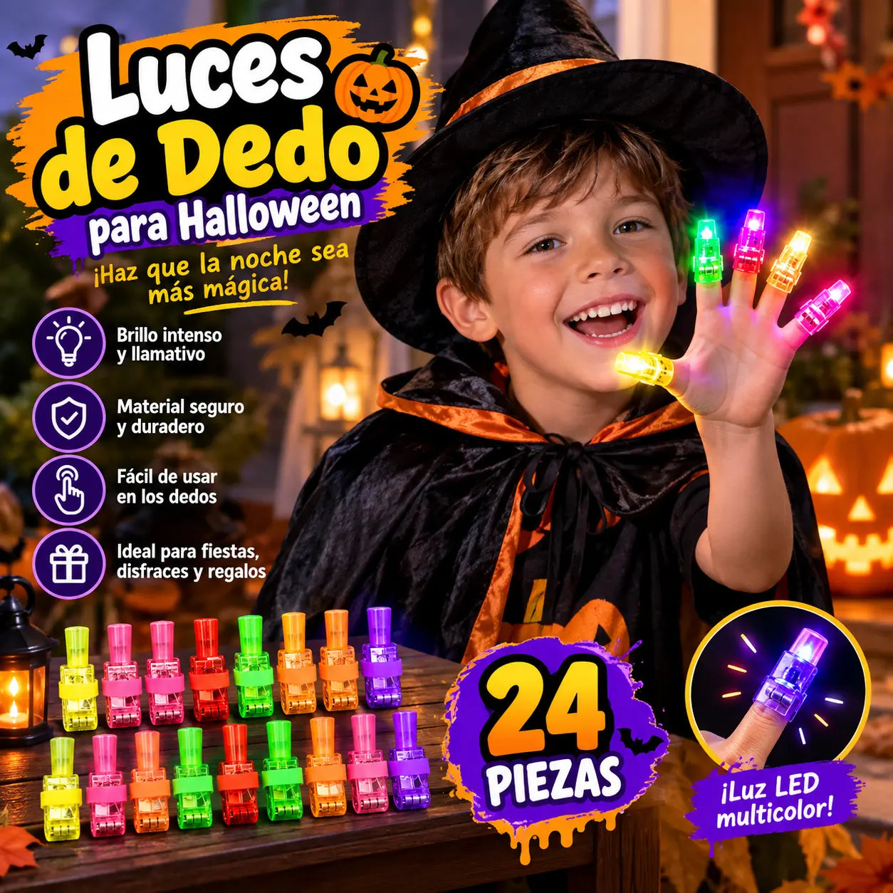 🥳【Juego de 24 piezas】🥳🎉Mini luces LED para dedos de colores: luz brillante multicolor, fácil de encender/apagar con una sola pulsación. Banda elástica suave para un ajuste cómodo 🎶✨