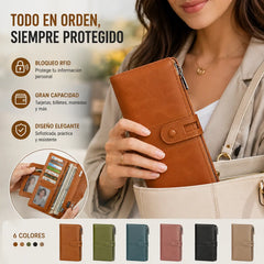 🔥50% de descuento💼 Cartera retro multifuncional de piel encerada para mujer, con diseño de doble cremallera y función antirrobo RFID.