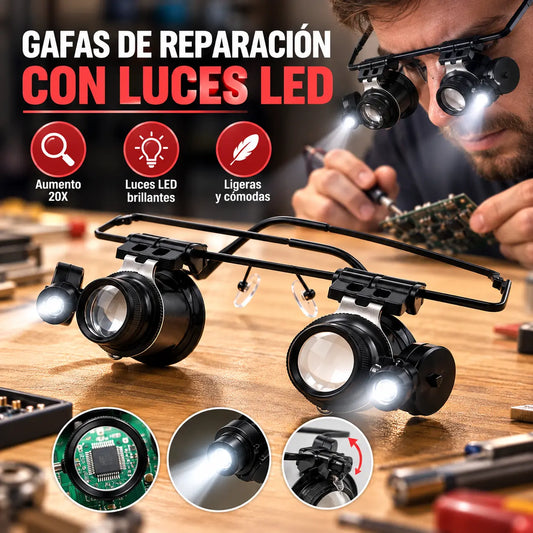 💡👓Gafas de reparación montadas en la cabeza con luces LED, que ofrecen un aumento de alta definición de 20x.