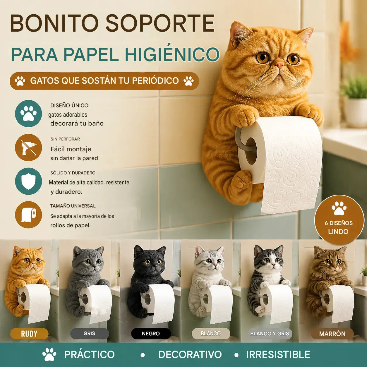 💥 50 % de descuento: ¡último día! 🐱 Adorable portarrollos de papel higiénico con estampado de gatos.