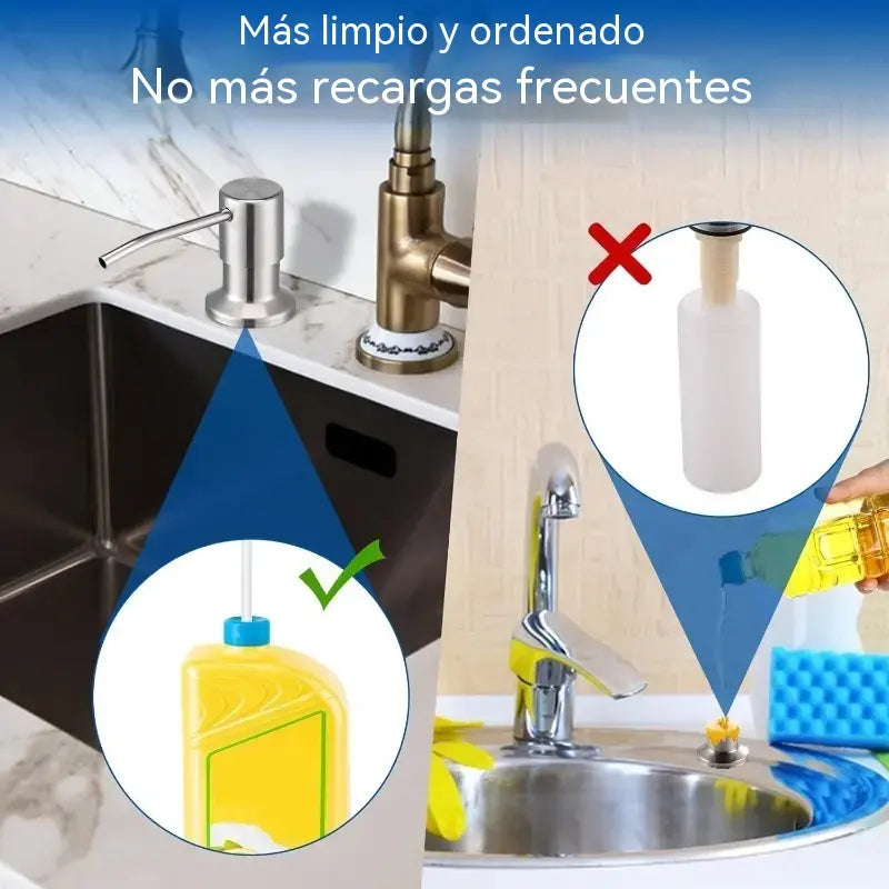 Dispensador de jabón para fregadero de cocina con tubo extensor y bomba de acero inoxidable integrada.
