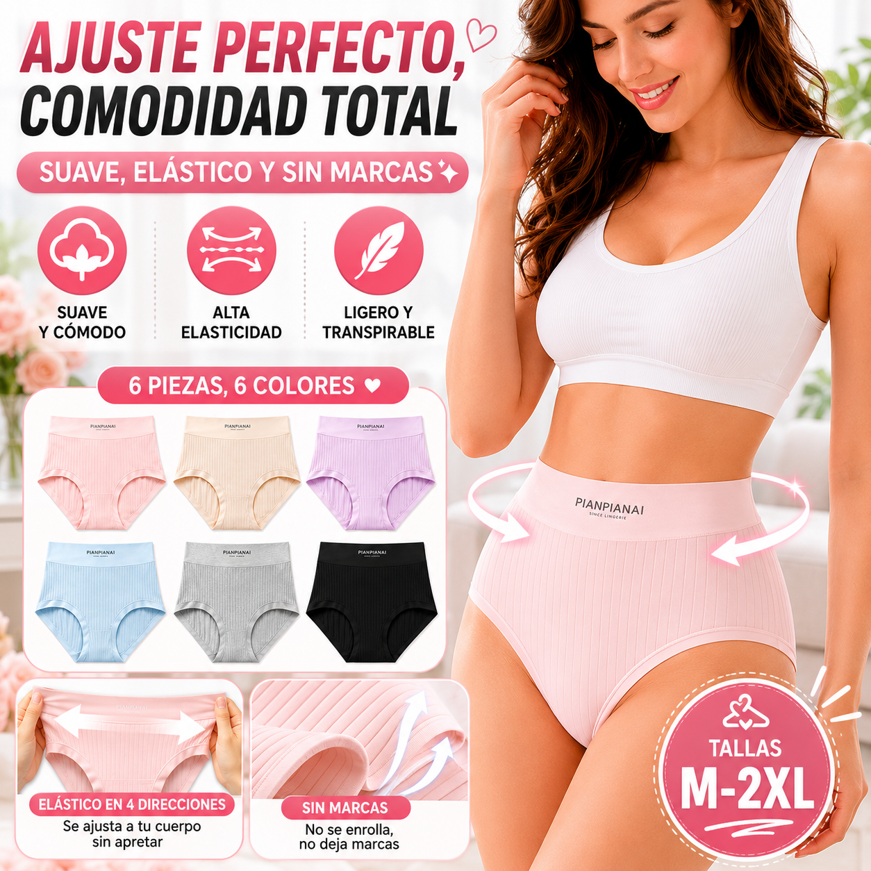 🔥【Juego de 6 piezas - 6 colores】✨（40-80kg）Ropa interior de algodón fresca y antibacteriana