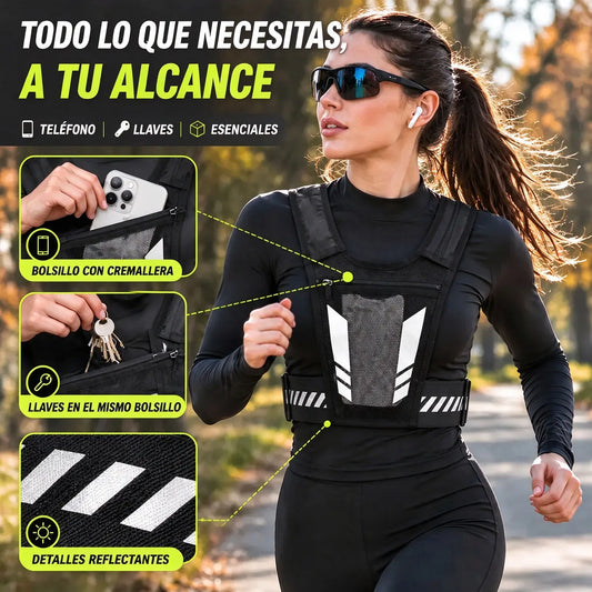🏃 Chaleco deportivo y para correr con bolsillo en el pecho · Bolsillo para el teléfono con cremallera · Soporte trasero para botella de agua · Detalles reflectantes para la noche · Malla transpirable y correas ajustables.