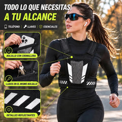 🏃 Chaleco deportivo y para correr con bolsillo en el pecho · Bolsillo para el teléfono con cremallera · Soporte trasero para botella de agua · Detalles reflectantes para la noche · Malla transpirable y correas ajustables.