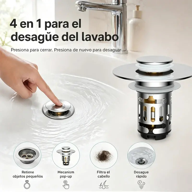 🔧 Tapón de desagüe para lavabo con mecanismo de resorte – Filtro antipestillos y antiolores, fácil instalación 🚰