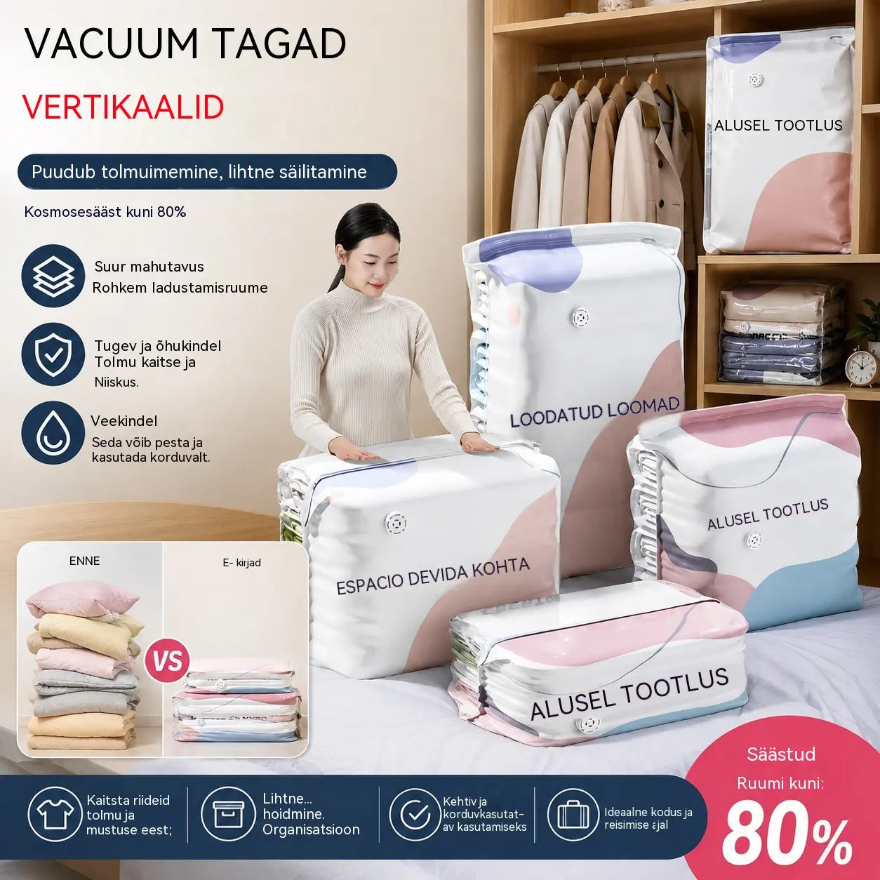 【5-osaline komplekt  31 euro eest】 Suur, kokkusurutav vaakumkott: pumpa pole vaja, lekkekindel ja ideaalne ruumi kokkuhoiuks kohvrites ja kodus