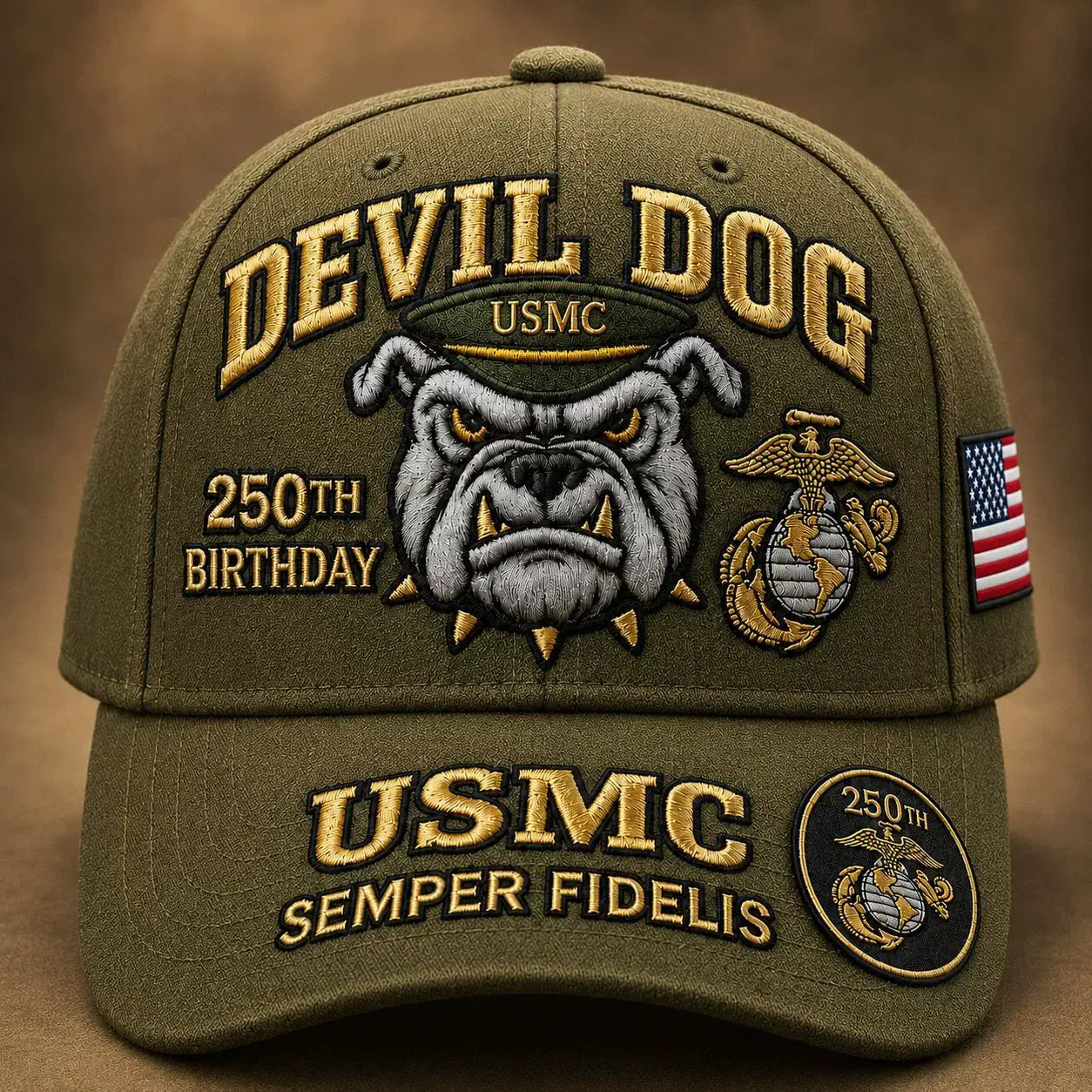 🐶🧢Gorra de béisbol "Devil Dog" del 250 aniversario del Cuerpo de Marines de EE. UU., bordada a mano.