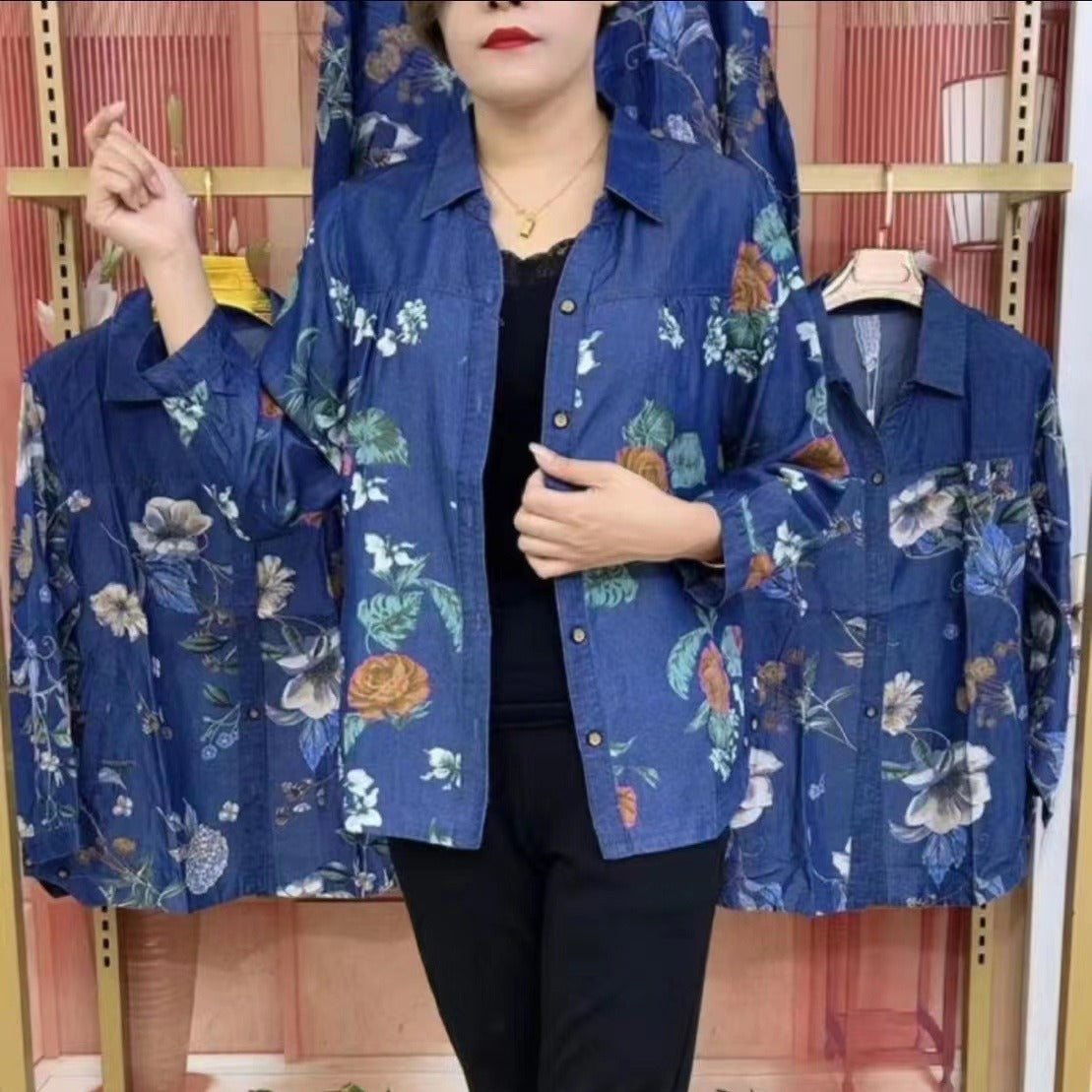 🔥【S-4XL】Camisa con estampado de mezclilla para madre de mediana edad